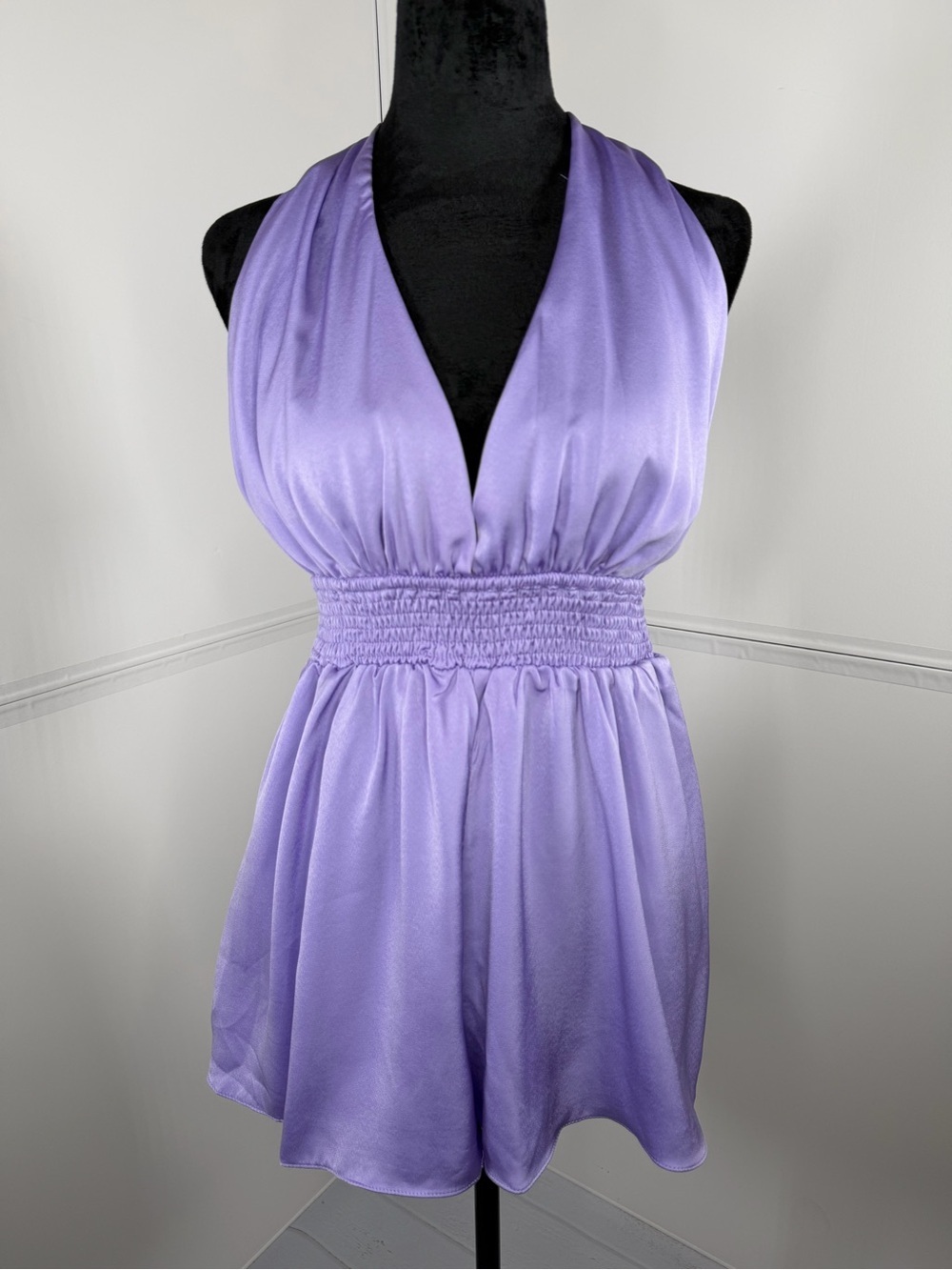 NWT DO+BE Lavender Satin Halter Romper Open Back Smocked Waist Flowy Size Small
